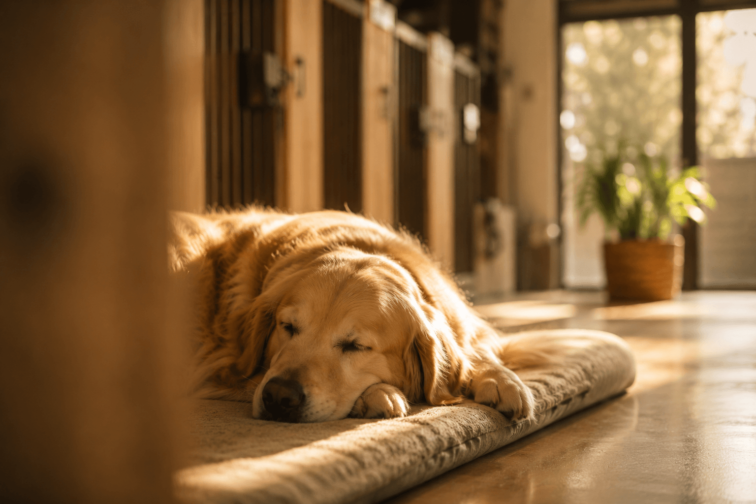 Perro descansando en una residencia canina con luz natural cálida, evocando tranquilidad para propietarios y equipo