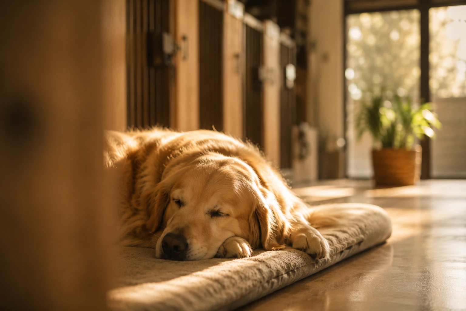 Perro descansando en una residencia canina con luz natural cálida, evocando tranquilidad para propietarios y equipo